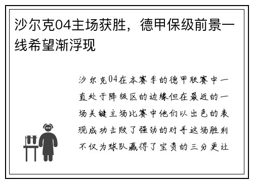 沙尔克04主场获胜，德甲保级前景一线希望渐浮现